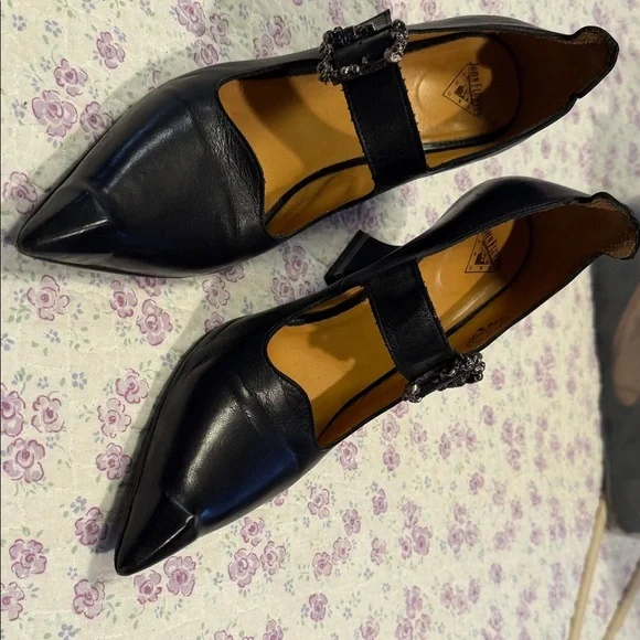 John Fluevog Black Pointed Mary Jane Heels with Decorative Buckles - Picture 7 of 8